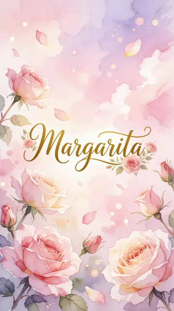 Margarita diseño 10 - Diseño estilo acuarela con un fondo etéreo y texturizado en nubes de tonos rosa pastel y lila suave. Presenta composiciones de rosas abiertas y capullos en los bordes inferior y superior, con pétalos cayendo delicadamente. Incorpora destellos de luz cálida (efecto bokeh) y, en el centro, resalta una tipografía elegante, cursiva y fluida en color dorado.