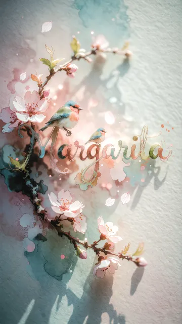 Margarita diseño 11 - Un delicado diseño de estilo acuarela digital que combina una tipografía de caligrafía personalizada para el nombre en tonos dorados y rosados suaves, adornada con pequeñas hojas y brotes. Un pajarito azul y naranja vibrante está posado en una de las letras. Todo está rodeado por un marco circular de ramas de cerezo en flor con delicadas flores rosadas y blancas. El fondo es un lavado de acuarela difuminado en tonos pastel suaves de azul cerceta, rosa rubor y melocotón sobre una textura de papel rugoso, con destellos luminosos y motas de luz bokeh flotando alrededor, creando una atmósfera mágica y soñadora. Las sombras suaves proyectadas añaden profundidad.