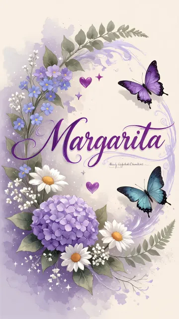 Margarita diseño 2 - Diseño elegante de hortensias en tonos lila y morados suaves, con volutas estilizadas y una mariposa mística que aporta un toque etéreo y mágico.