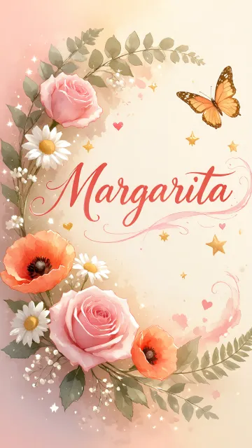 Margarita diseño 3 - Elegante composición de rosas rosadas y amapolas naranjas con mariposas doradas brillantes sobre un fondo cálido, romántico y mágico.