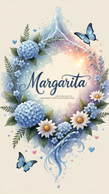 Margarita diseño 4 - Composición magica con nombre en letra cursiva azul, rodeado de hortensias azules, margaritas blancas y delicadas flores silvestres, enmarcado por suaves remolinos de agua, mariposas azules y destellos estelares sobre un fondo etéreo y romántico.