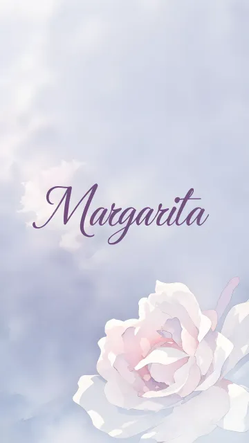 Margarita diseño 5 - Nombre en elegante tipografía cursiva caligráfica en tono lavanda, sobre fondo acuarela de cielo nublado en tonos pastel (azul, blanco, lavanda), decorado con rosa en acuarela de pétalos rosa pálido, blanco crema y lilas suaves con hojas en gris-verde.
