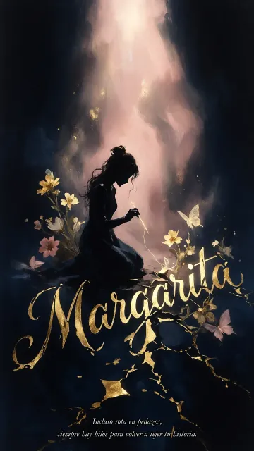 Margarita diseño 6 - Composición de ilustración semirrealista cinematográfica con silueta femenina tejiendo un hilo dorado de luz sobre un suelo oscuro fracturado al estilo Kintsugi, donde el nombre resalta en un prominente guión caligráfico dorado que emerge de las grietas, rodeado de flores blancas, mariposas y un fondo degradado de azules profundos iluminado por una luz celestial en tonos melocotón y crema, con una frase de aliento en tipografía blanca en la parte inferior.