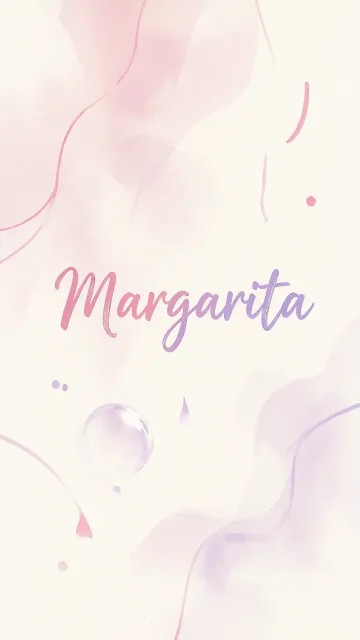 Margarita diseño 7 - Diseño abstracto en acuarela sobre fondo crema, con manchas fluidas y etéreas en rosa pastel y lila, líneas curvas que aportan movimiento, pequeñas gotas salpicadas cayendo verticalmente y una burbuja translúcida en la parte superior izquierda. El nombre resalta al centro con una tipografía cursiva amplia y elegante en degradado rosa a morado.