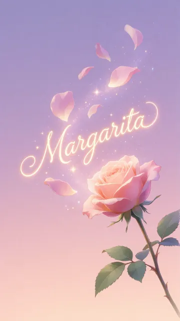 Margarita diseño 8 - Fondo de Pantalla con degradado suave que transiciona de lila en la parte superior a melocotón y rosa pastel en la base, destacando una rosa rosada hiperrealista con tallo y hojas verdes. El nombre brilla en tipografía cursiva con efecto neón cálido, adornado con pétalos cayendo y chispas de luz mágica.