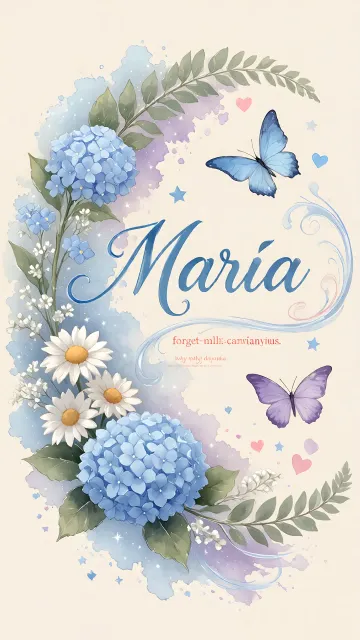 Maria diseño 1 - Hortensias azules, flores pequeñas y acuarela suave con mariposas azules y brillo etéreo