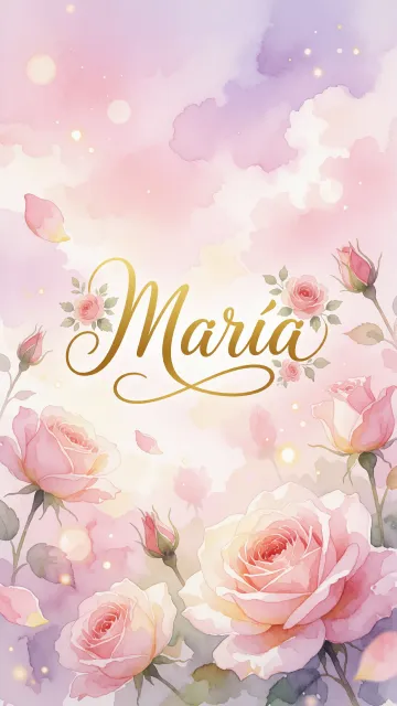 Maria diseño 10 - Diseño estilo acuarela con un fondo etéreo y texturizado en nubes de tonos rosa pastel y lila suave. Presenta composiciones de rosas abiertas y capullos en los bordes inferior y superior, con pétalos cayendo delicadamente. Incorpora destellos de luz cálida (efecto bokeh) y, en el centro, resalta una tipografía elegante, cursiva y fluida en color dorado.