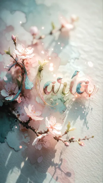 Maria diseño 11 - Un delicado diseño de estilo acuarela digital que combina una tipografía de caligrafía personalizada para el nombre en tonos dorados y rosados suaves, adornada con pequeñas hojas y brotes. Un pajarito azul y naranja vibrante está posado en una de las letras. Todo está rodeado por un marco circular de ramas de cerezo en flor con delicadas flores rosadas y blancas. El fondo es un lavado de acuarela difuminado en tonos pastel suaves de azul cerceta, rosa rubor y melocotón sobre una textura de papel rugoso, con destellos luminosos y motas de luz bokeh flotando alrededor, creando una atmósfera mágica y soñadora. Las sombras suaves proyectadas añaden profundidad.