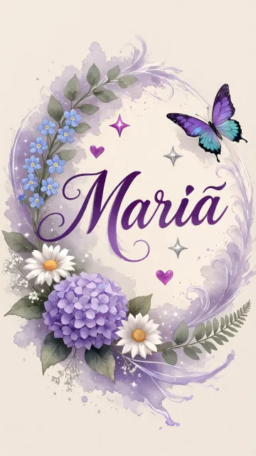 Maria diseño 2 - Diseño elegante de hortensias en tonos lila y morados suaves, con volutas estilizadas y una mariposa mística que aporta un toque etéreo y mágico.