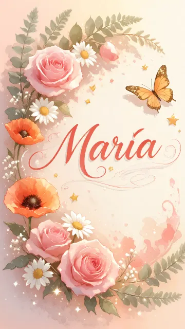 Maria diseño 3 - Elegante composición de rosas rosadas y amapolas naranjas con mariposas doradas brillantes sobre un fondo cálido, romántico y mágico.