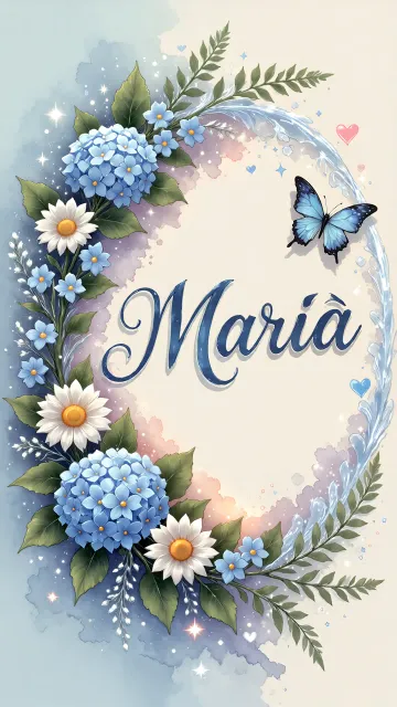 Maria diseño 4 - Composición magica con nombre en letra cursiva azul, rodeado de hortensias azules, margaritas blancas y delicadas flores silvestres, enmarcado por suaves remolinos de agua, mariposas azules y destellos estelares sobre un fondo etéreo y romántico.