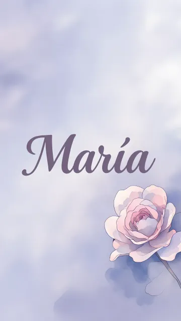 Maria diseño 5 - Nombre en elegante tipografía cursiva caligráfica en tono lavanda, sobre fondo acuarela de cielo nublado en tonos pastel (azul, blanco, lavanda), decorado con rosa en acuarela de pétalos rosa pálido, blanco crema y lilas suaves con hojas en gris-verde.