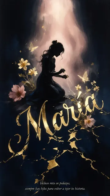 Maria diseño 6 - Composición de ilustración semirrealista cinematográfica con silueta femenina tejiendo un hilo dorado de luz sobre un suelo oscuro fracturado al estilo Kintsugi, donde el nombre resalta en un prominente guión caligráfico dorado que emerge de las grietas, rodeado de flores blancas, mariposas y un fondo degradado de azules profundos iluminado por una luz celestial en tonos melocotón y crema, con una frase de aliento en tipografía blanca en la parte inferior.