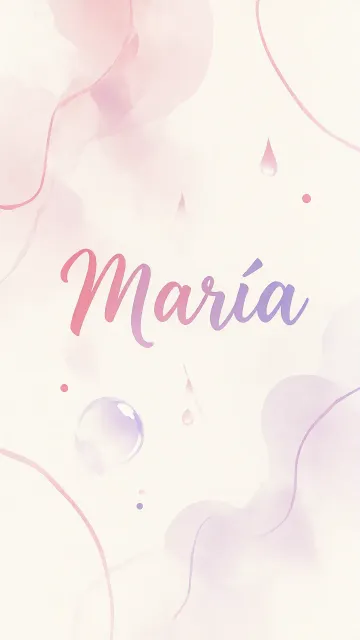 Maria diseño 7 - Diseño abstracto en acuarela sobre fondo crema, con manchas fluidas y etéreas en rosa pastel y lila, líneas curvas que aportan movimiento, pequeñas gotas salpicadas cayendo verticalmente y una burbuja translúcida en la parte superior izquierda. El nombre resalta al centro con una tipografía cursiva amplia y elegante en degradado rosa a morado.