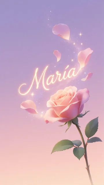Maria diseño 8 - Fondo de Pantalla con degradado suave que transiciona de lila en la parte superior a melocotón y rosa pastel en la base, destacando una rosa rosada hiperrealista con tallo y hojas verdes. El nombre brilla en tipografía cursiva con efecto neón cálido, adornado con pétalos cayendo y chispas de luz mágica.