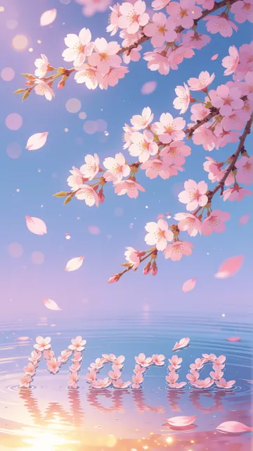 Maria diseño 9 - Composición serena y onírica con ramas de cerezo en flor (sakura) en la parte superior contra un cielo en degradado de azul suave y lila. Pétalos de color rosa pastel flotan delicadamente en el aire cayendo hacia una superficie de agua tranquila y cristalina. En el centro inferior, el nombre está formado por pétalos de flores con un sutil efecto de relieve 3D y tipografía floral, reflejándose sobre el agua que está iluminada por un cálido destello dorado de luz solar en la esquina inferior derecha.