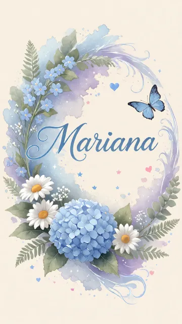 Mariana diseño 1 - Hortensias azules, flores pequeñas y acuarela suave con mariposas azules y brillo etéreo
