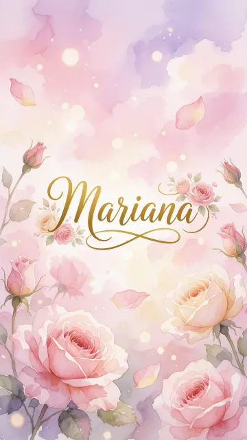 Mariana diseño 10 - Diseño estilo acuarela con un fondo etéreo y texturizado en nubes de tonos rosa pastel y lila suave. Presenta composiciones de rosas abiertas y capullos en los bordes inferior y superior, con pétalos cayendo delicadamente. Incorpora destellos de luz cálida (efecto bokeh) y, en el centro, resalta una tipografía elegante, cursiva y fluida en color dorado.