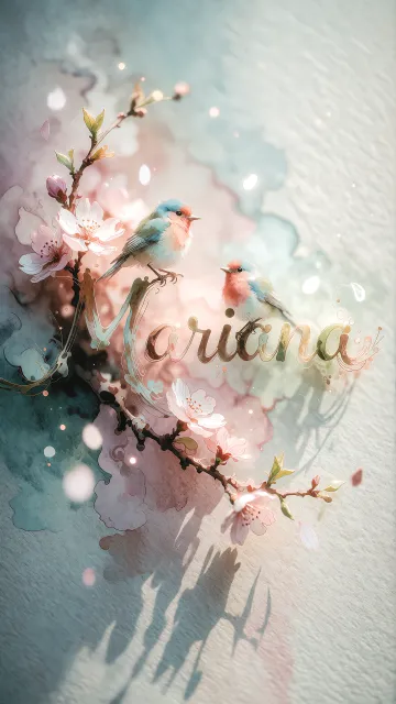 Mariana diseño 11 - Un delicado diseño de estilo acuarela digital que combina una tipografía de caligrafía personalizada para el nombre en tonos dorados y rosados suaves, adornada con pequeñas hojas y brotes. Un pajarito azul y naranja vibrante está posado en una de las letras. Todo está rodeado por un marco circular de ramas de cerezo en flor con delicadas flores rosadas y blancas. El fondo es un lavado de acuarela difuminado en tonos pastel suaves de azul cerceta, rosa rubor y melocotón sobre una textura de papel rugoso, con destellos luminosos y motas de luz bokeh flotando alrededor, creando una atmósfera mágica y soñadora. Las sombras suaves proyectadas añaden profundidad.