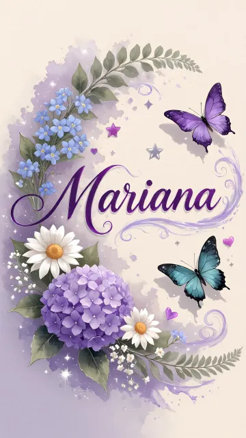 Mariana diseño 2 - Diseño elegante de hortensias en tonos lila y morados suaves, con volutas estilizadas y una mariposa mística que aporta un toque etéreo y mágico.