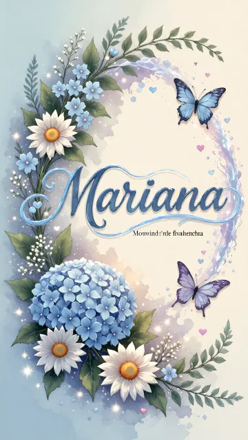 Mariana diseño 4 - Composición magica con nombre en letra cursiva azul, rodeado de hortensias azules, margaritas blancas y delicadas flores silvestres, enmarcado por suaves remolinos de agua, mariposas azules y destellos estelares sobre un fondo etéreo y romántico.