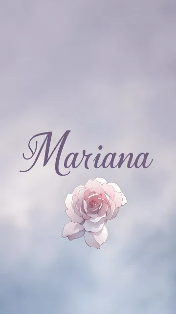 Mariana diseño 5 - Nombre en elegante tipografía cursiva caligráfica en tono lavanda, sobre fondo acuarela de cielo nublado en tonos pastel (azul, blanco, lavanda), decorado con rosa en acuarela de pétalos rosa pálido, blanco crema y lilas suaves con hojas en gris-verde.