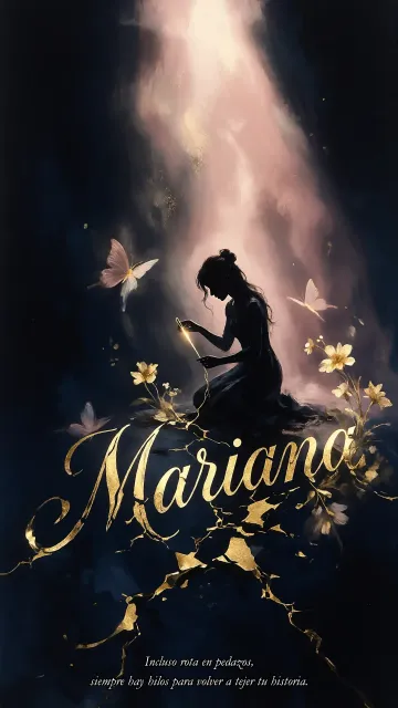 Mariana diseño 6 - Composición de ilustración semirrealista cinematográfica con silueta femenina tejiendo un hilo dorado de luz sobre un suelo oscuro fracturado al estilo Kintsugi, donde el nombre resalta en un prominente guión caligráfico dorado que emerge de las grietas, rodeado de flores blancas, mariposas y un fondo degradado de azules profundos iluminado por una luz celestial en tonos melocotón y crema, con una frase de aliento en tipografía blanca en la parte inferior.