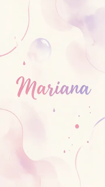 Mariana diseño 7 - Diseño abstracto en acuarela sobre fondo crema, con manchas fluidas y etéreas en rosa pastel y lila, líneas curvas que aportan movimiento, pequeñas gotas salpicadas cayendo verticalmente y una burbuja translúcida en la parte superior izquierda. El nombre resalta al centro con una tipografía cursiva amplia y elegante en degradado rosa a morado.