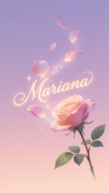 Mariana diseño 8 - Fondo de Pantalla con degradado suave que transiciona de lila en la parte superior a melocotón y rosa pastel en la base, destacando una rosa rosada hiperrealista con tallo y hojas verdes. El nombre brilla en tipografía cursiva con efecto neón cálido, adornado con pétalos cayendo y chispas de luz mágica.