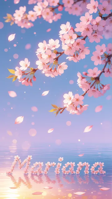 Mariana diseño 9 - Composición serena y onírica con ramas de cerezo en flor (sakura) en la parte superior contra un cielo en degradado de azul suave y lila. Pétalos de color rosa pastel flotan delicadamente en el aire cayendo hacia una superficie de agua tranquila y cristalina. En el centro inferior, el nombre está formado por pétalos de flores con un sutil efecto de relieve 3D y tipografía floral, reflejándose sobre el agua que está iluminada por un cálido destello dorado de luz solar en la esquina inferior derecha.