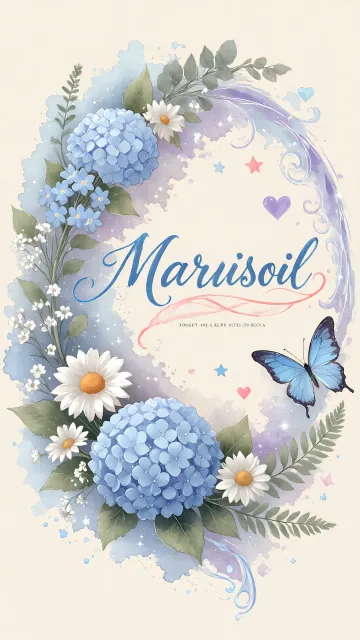 Marisol diseño 1 - Hortensias azules, flores pequeñas y acuarela suave con mariposas azules y brillo etéreo