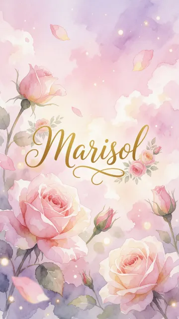 Marisol diseño 10 - Diseño estilo acuarela con un fondo etéreo y texturizado en nubes de tonos rosa pastel y lila suave. Presenta composiciones de rosas abiertas y capullos en los bordes inferior y superior, con pétalos cayendo delicadamente. Incorpora destellos de luz cálida (efecto bokeh) y, en el centro, resalta una tipografía elegante, cursiva y fluida en color dorado.