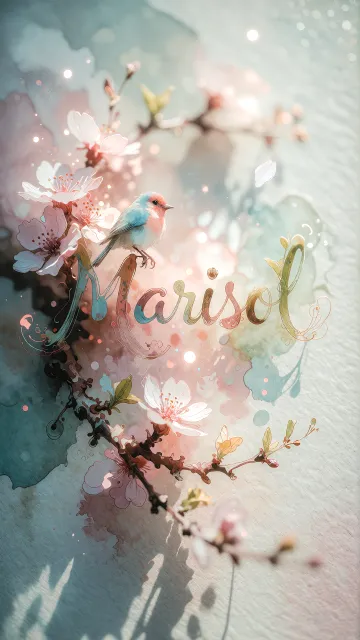 Marisol diseño 11 - Un delicado diseño de estilo acuarela digital que combina una tipografía de caligrafía personalizada para el nombre en tonos dorados y rosados suaves, adornada con pequeñas hojas y brotes. Un pajarito azul y naranja vibrante está posado en una de las letras. Todo está rodeado por un marco circular de ramas de cerezo en flor con delicadas flores rosadas y blancas. El fondo es un lavado de acuarela difuminado en tonos pastel suaves de azul cerceta, rosa rubor y melocotón sobre una textura de papel rugoso, con destellos luminosos y motas de luz bokeh flotando alrededor, creando una atmósfera mágica y soñadora. Las sombras suaves proyectadas añaden profundidad.