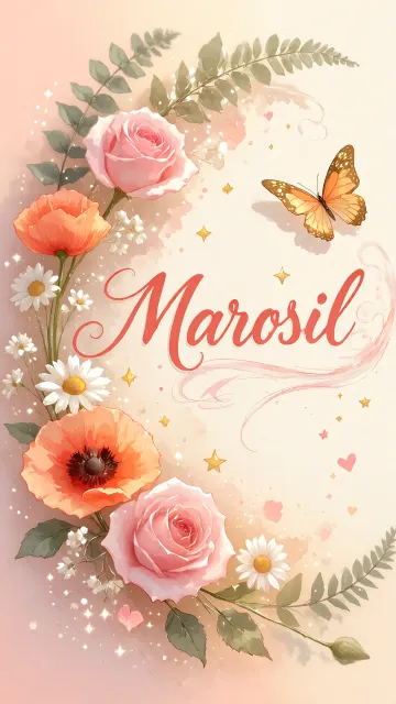 Marisol diseño 3 - Elegante composición de rosas rosadas y amapolas naranjas con mariposas doradas brillantes sobre un fondo cálido, romántico y mágico.
