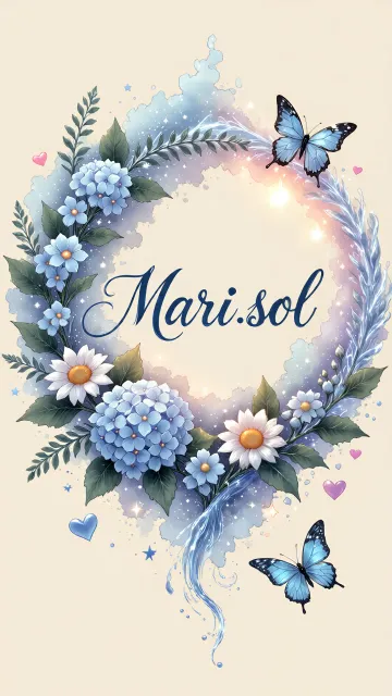 Marisol diseño 4 - Composición magica con nombre en letra cursiva azul, rodeado de hortensias azules, margaritas blancas y delicadas flores silvestres, enmarcado por suaves remolinos de agua, mariposas azules y destellos estelares sobre un fondo etéreo y romántico.