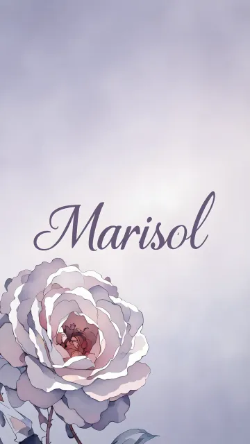 Marisol diseño 5 - Nombre en elegante tipografía cursiva caligráfica en tono lavanda, sobre fondo acuarela de cielo nublado en tonos pastel (azul, blanco, lavanda), decorado con rosa en acuarela de pétalos rosa pálido, blanco crema y lilas suaves con hojas en gris-verde.