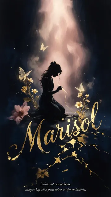 Marisol diseño 6 - Composición de ilustración semirrealista cinematográfica con silueta femenina tejiendo un hilo dorado de luz sobre un suelo oscuro fracturado al estilo Kintsugi, donde el nombre resalta en un prominente guión caligráfico dorado que emerge de las grietas, rodeado de flores blancas, mariposas y un fondo degradado de azules profundos iluminado por una luz celestial en tonos melocotón y crema, con una frase de aliento en tipografía blanca en la parte inferior.