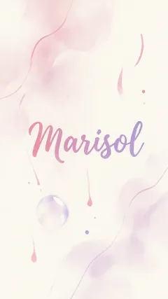 Marisol - Diseño abstracto en acuarela sobre fondo crema, con manchas fluidas y etéreas en rosa pastel y lila, líneas curvas que aportan movimiento, pequeñas gotas salpicadas cayendo verticalmente y una burbuja translúcida en la parte superior izquierda. El nombre resalta al centro con una tipografía cursiva amplia y elegante en degradado rosa a morado.