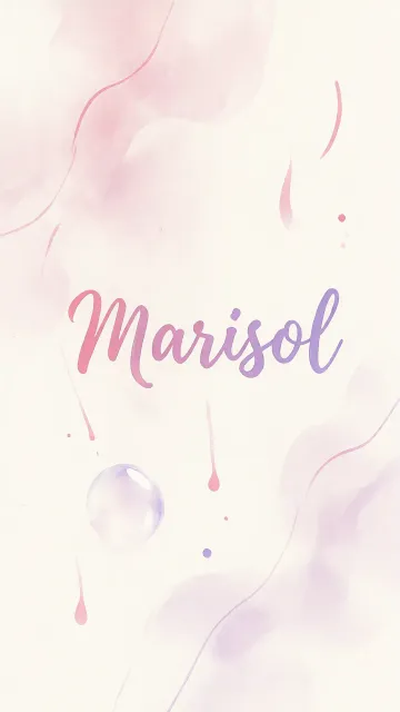 Marisol diseño 7 - Diseño abstracto en acuarela sobre fondo crema, con manchas fluidas y etéreas en rosa pastel y lila, líneas curvas que aportan movimiento, pequeñas gotas salpicadas cayendo verticalmente y una burbuja translúcida en la parte superior izquierda. El nombre resalta al centro con una tipografía cursiva amplia y elegante en degradado rosa a morado.