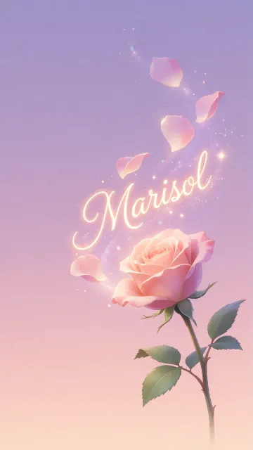 Marisol diseño 8 - Fondo de Pantalla con degradado suave que transiciona de lila en la parte superior a melocotón y rosa pastel en la base, destacando una rosa rosada hiperrealista con tallo y hojas verdes. El nombre brilla en tipografía cursiva con efecto neón cálido, adornado con pétalos cayendo y chispas de luz mágica.
