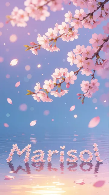 Marisol diseño 9 - Composición serena y onírica con ramas de cerezo en flor (sakura) en la parte superior contra un cielo en degradado de azul suave y lila. Pétalos de color rosa pastel flotan delicadamente en el aire cayendo hacia una superficie de agua tranquila y cristalina. En el centro inferior, el nombre está formado por pétalos de flores con un sutil efecto de relieve 3D y tipografía floral, reflejándose sobre el agua que está iluminada por un cálido destello dorado de luz solar en la esquina inferior derecha.