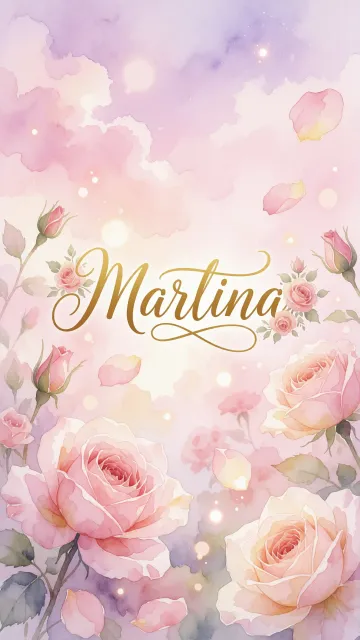 Martina diseño 10 - Diseño estilo acuarela con un fondo etéreo y texturizado en nubes de tonos rosa pastel y lila suave. Presenta composiciones de rosas abiertas y capullos en los bordes inferior y superior, con pétalos cayendo delicadamente. Incorpora destellos de luz cálida (efecto bokeh) y, en el centro, resalta una tipografía elegante, cursiva y fluida en color dorado.