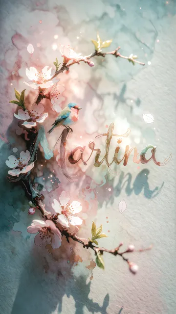 Martina diseño 11 - Un delicado diseño de estilo acuarela digital que combina una tipografía de caligrafía personalizada para el nombre en tonos dorados y rosados suaves, adornada con pequeñas hojas y brotes. Un pajarito azul y naranja vibrante está posado en una de las letras. Todo está rodeado por un marco circular de ramas de cerezo en flor con delicadas flores rosadas y blancas. El fondo es un lavado de acuarela difuminado en tonos pastel suaves de azul cerceta, rosa rubor y melocotón sobre una textura de papel rugoso, con destellos luminosos y motas de luz bokeh flotando alrededor, creando una atmósfera mágica y soñadora. Las sombras suaves proyectadas añaden profundidad.
