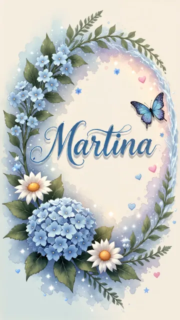 Martina diseño 4 - Composición magica con nombre en letra cursiva azul, rodeado de hortensias azules, margaritas blancas y delicadas flores silvestres, enmarcado por suaves remolinos de agua, mariposas azules y destellos estelares sobre un fondo etéreo y romántico.