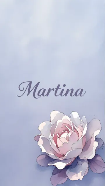Martina diseño 5 - Nombre en elegante tipografía cursiva caligráfica en tono lavanda, sobre fondo acuarela de cielo nublado en tonos pastel (azul, blanco, lavanda), decorado con rosa en acuarela de pétalos rosa pálido, blanco crema y lilas suaves con hojas en gris-verde.