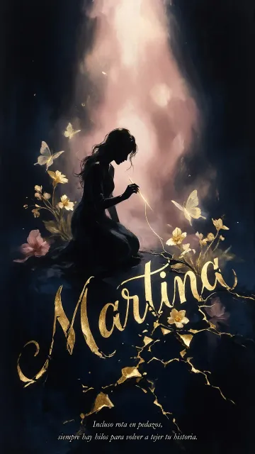Martina diseño 6 - Composición de ilustración semirrealista cinematográfica con silueta femenina tejiendo un hilo dorado de luz sobre un suelo oscuro fracturado al estilo Kintsugi, donde el nombre resalta en un prominente guión caligráfico dorado que emerge de las grietas, rodeado de flores blancas, mariposas y un fondo degradado de azules profundos iluminado por una luz celestial en tonos melocotón y crema, con una frase de aliento en tipografía blanca en la parte inferior.