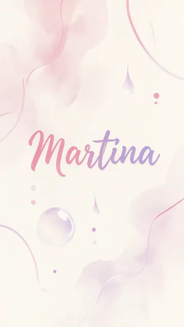 Martina diseño 7 - Diseño abstracto en acuarela sobre fondo crema, con manchas fluidas y etéreas en rosa pastel y lila, líneas curvas que aportan movimiento, pequeñas gotas salpicadas cayendo verticalmente y una burbuja translúcida en la parte superior izquierda. El nombre resalta al centro con una tipografía cursiva amplia y elegante en degradado rosa a morado.