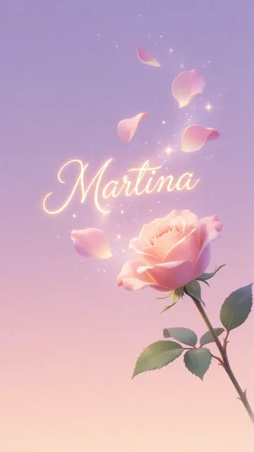 Martina diseño 8 - Fondo de Pantalla con degradado suave que transiciona de lila en la parte superior a melocotón y rosa pastel en la base, destacando una rosa rosada hiperrealista con tallo y hojas verdes. El nombre brilla en tipografía cursiva con efecto neón cálido, adornado con pétalos cayendo y chispas de luz mágica.