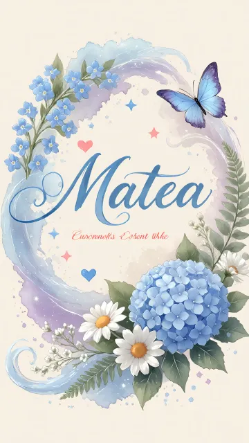 Matea diseño 1 - Hortensias azules, flores pequeñas y acuarela suave con mariposas azules y brillo etéreo