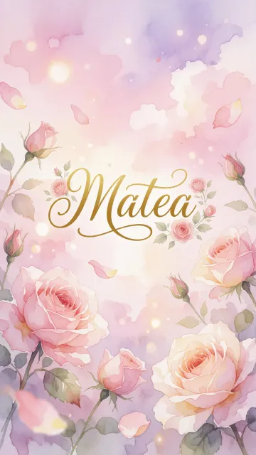Matea diseño 10 - Diseño estilo acuarela con un fondo etéreo y texturizado en nubes de tonos rosa pastel y lila suave. Presenta composiciones de rosas abiertas y capullos en los bordes inferior y superior, con pétalos cayendo delicadamente. Incorpora destellos de luz cálida (efecto bokeh) y, en el centro, resalta una tipografía elegante, cursiva y fluida en color dorado.